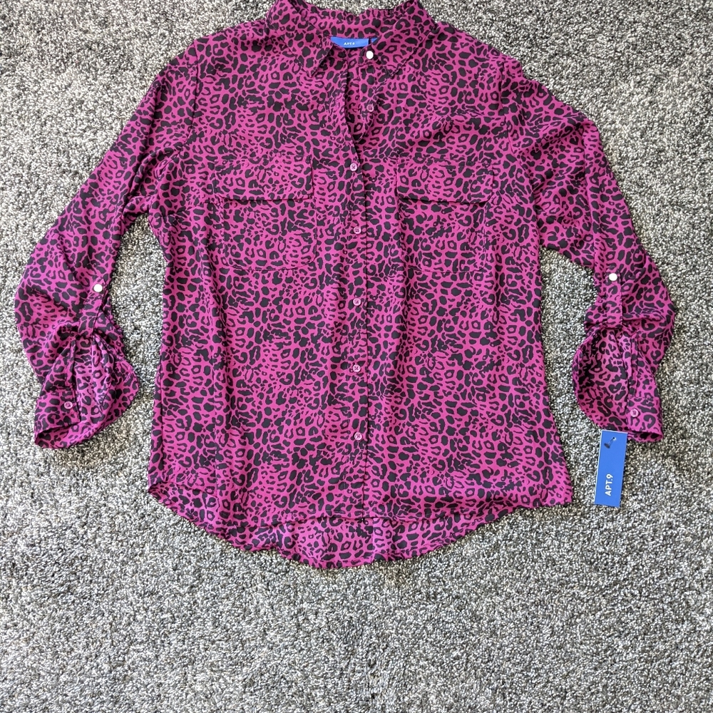 NWT pink and black Apt 9 leopard print silky tunic button down